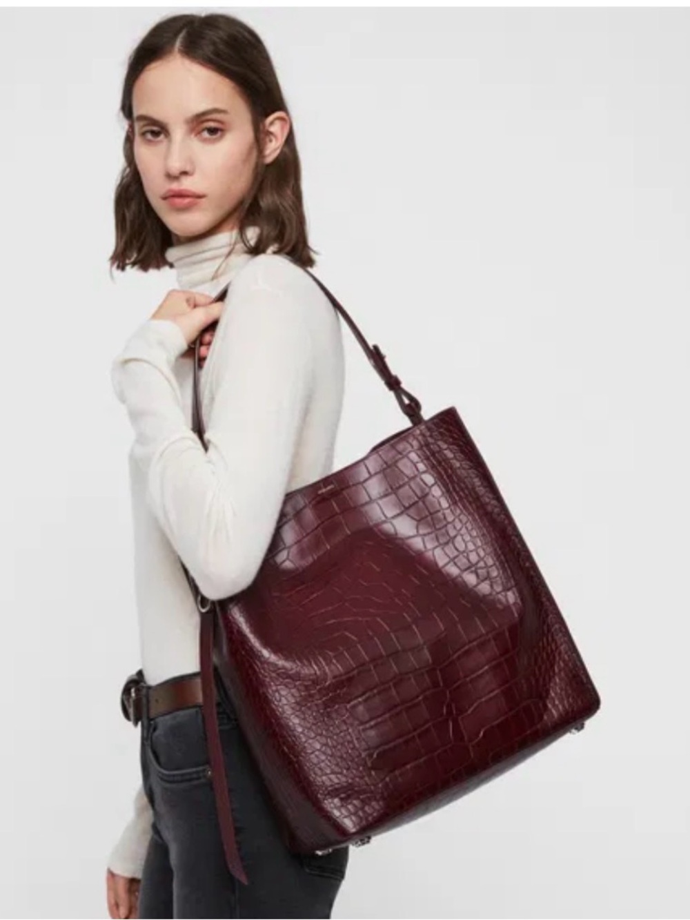 Like NEW AllSaints Polly North/South Crocodile-Embossed Leather Tote Bag